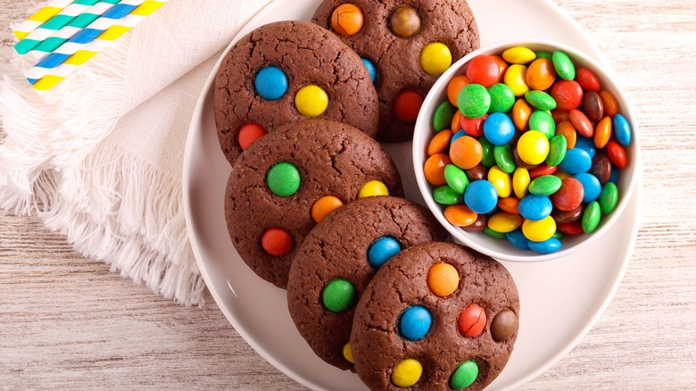 chocolate M&M cookies on plate