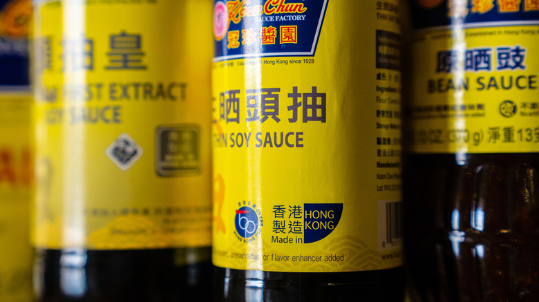 Bottle of soy sauce marked with 'Made in Hong Kong'