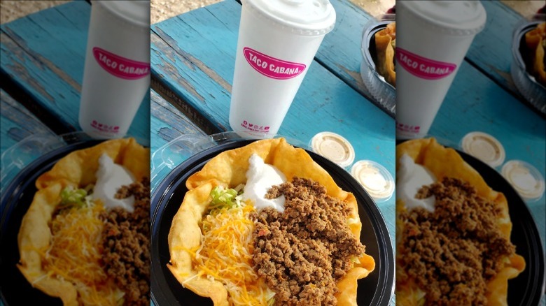 Taco Cabana ground beef bowl and drink