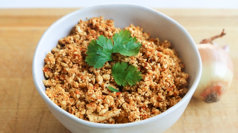 Bowl of seasoned tofu crumbles