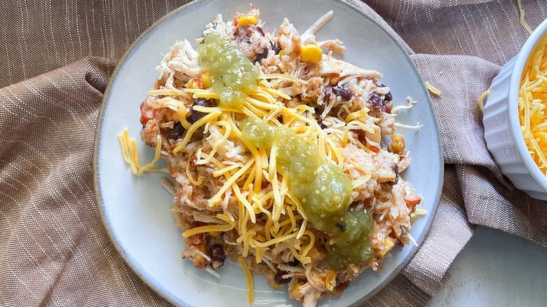 Plate of chicken, bean, and cheese casserole