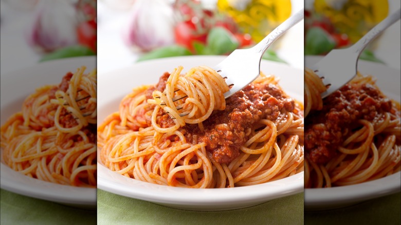 Spaghetti Bolognese on a fork