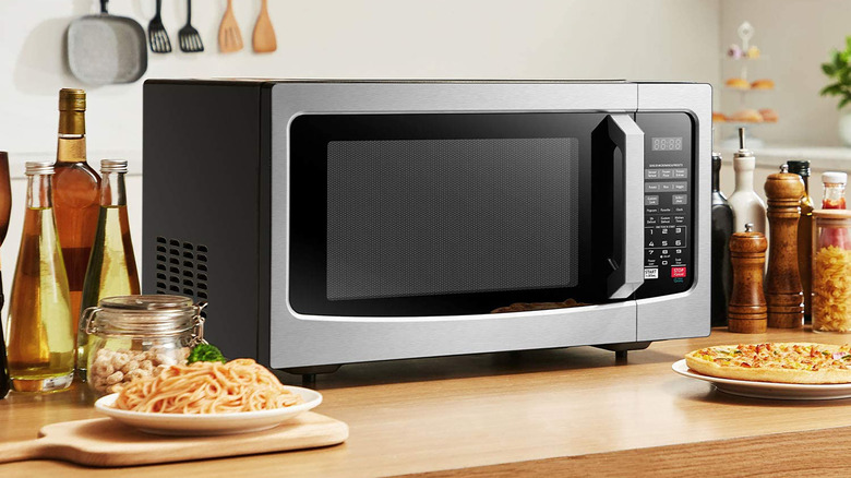 A microwave on a kitchen counter