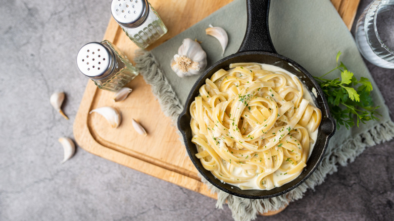 fettuccine Alfredo in skillet