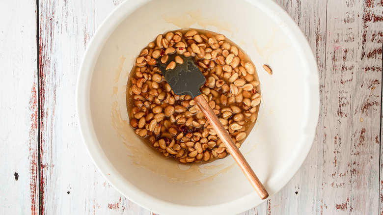 peanuts added to caramel mixture