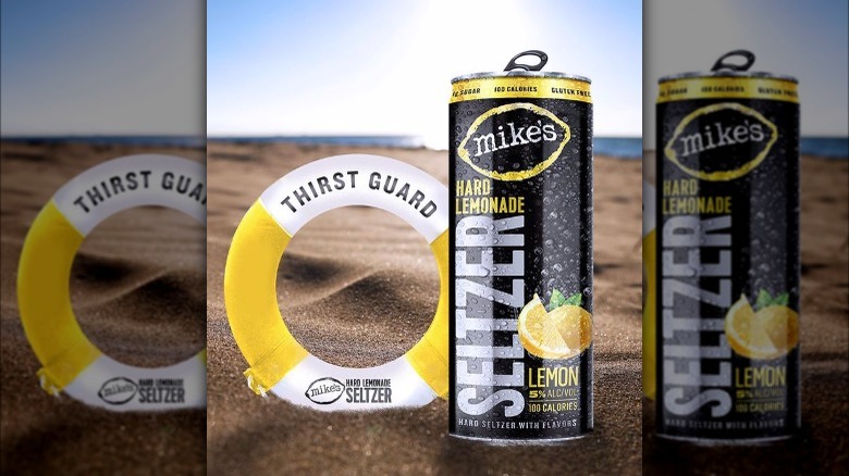 Mike's Hard Lemonade Seltzer can on beach