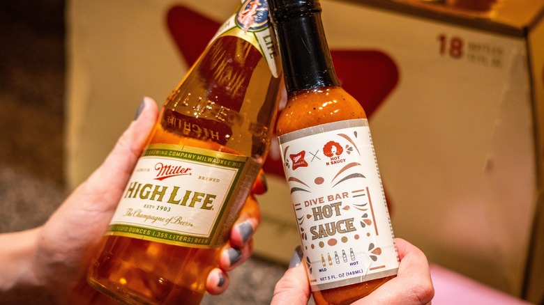 Hot sauce and beer bottle