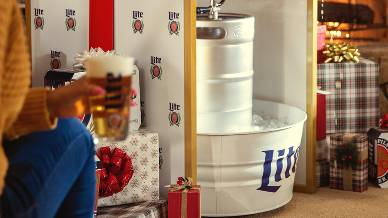 Christmas Tree Keg Stand with poured beers