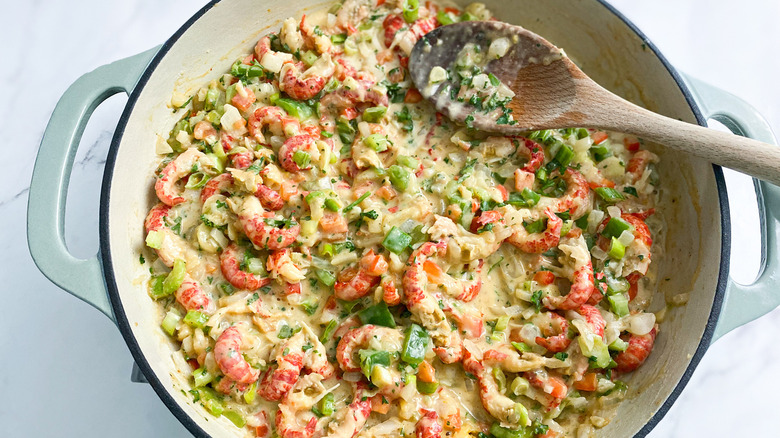 crawfish pie mixture in pot