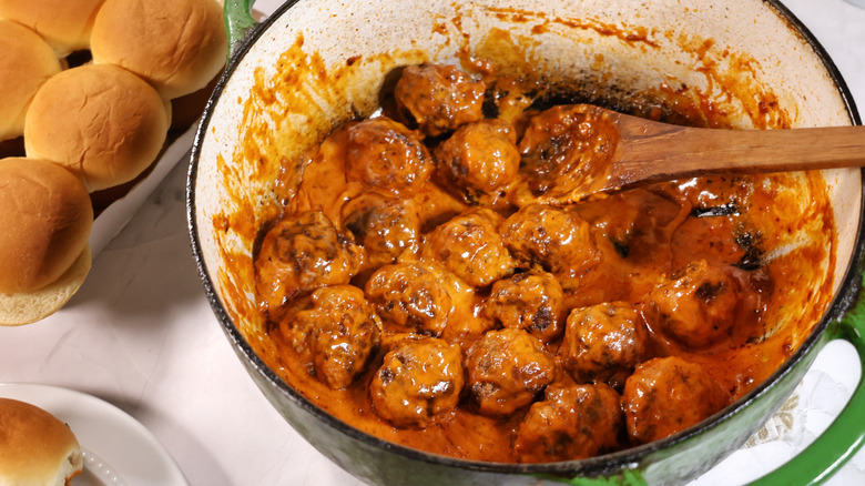 pot of meatballs in vodka sauce