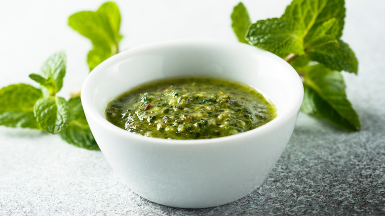 Bowl of mint pesto