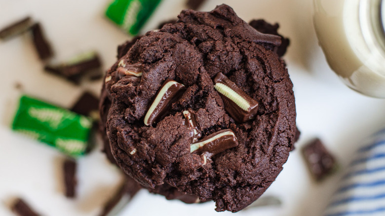 stack of cookies with milk and Andes mints 