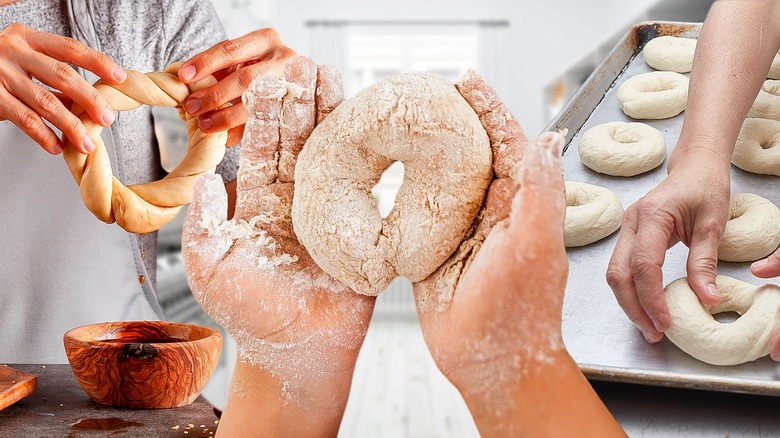 people shaping bagels