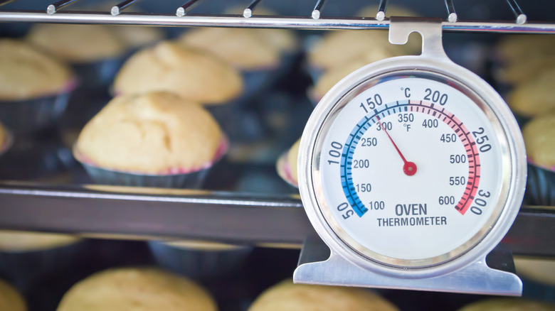 oven thermometer hanging in foreground, cupcakes baking in background