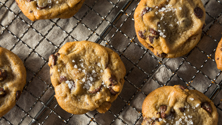 salted chocolate chip cookies on a cooling rack