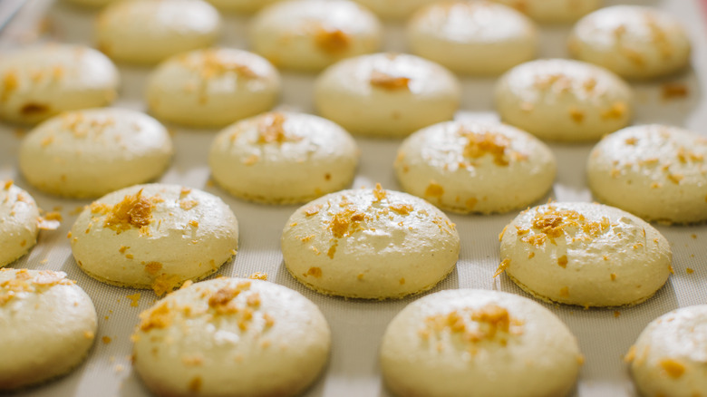 macaron shells on baking sheet