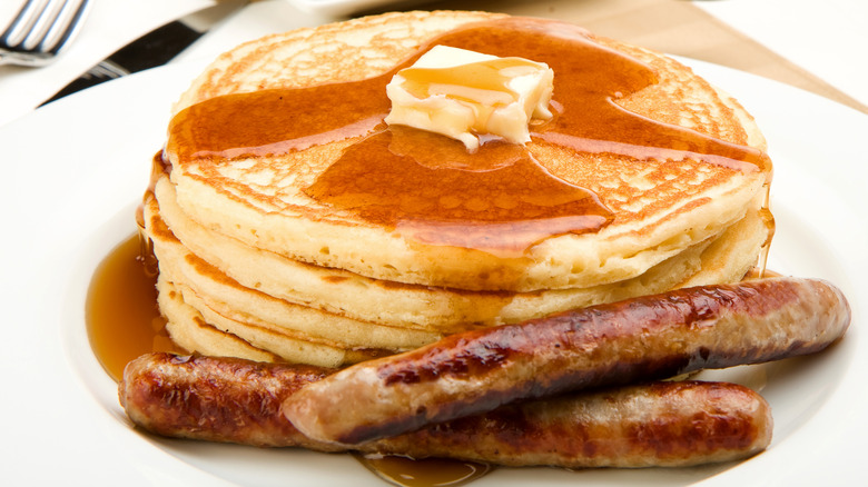 Pancakes, syrup and sausage