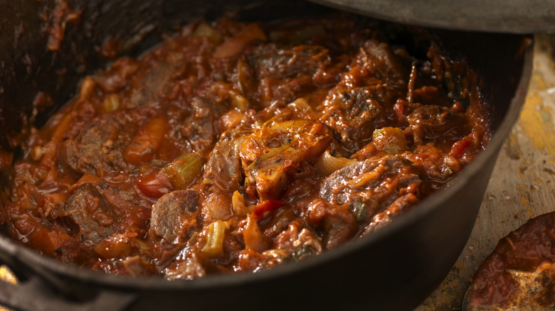 saucy beef stew in pot