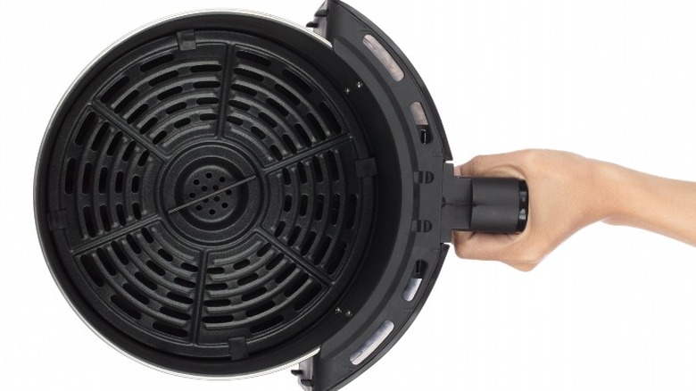 hand holding air fryer basket