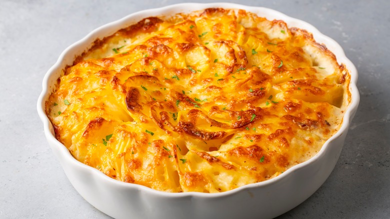 scalloped potatoes in round dish