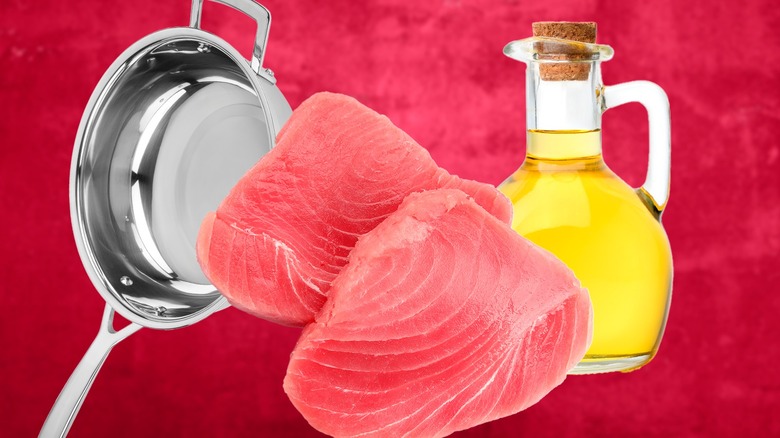 frying pan tuna steak and oil