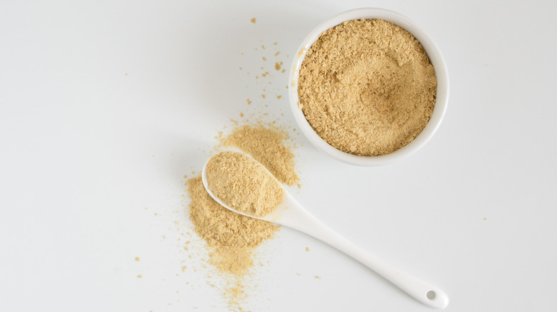 nutritional yeast in white bowl and small white spoon