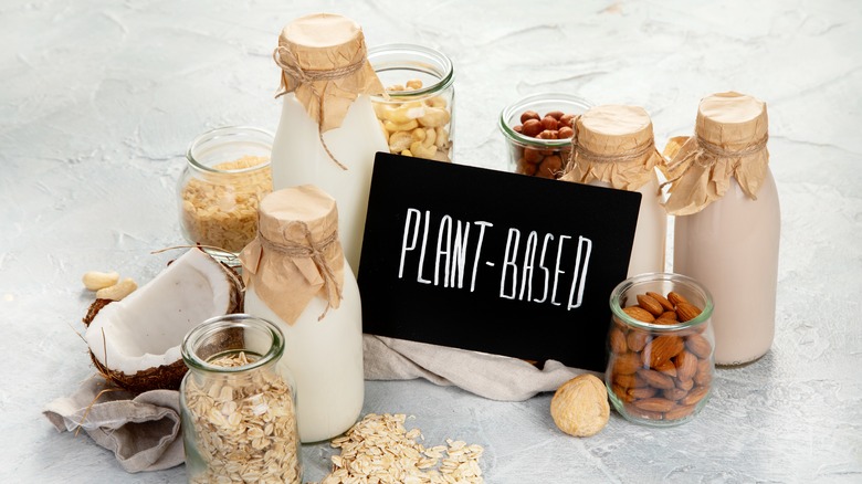 Glass bottles of plant milk