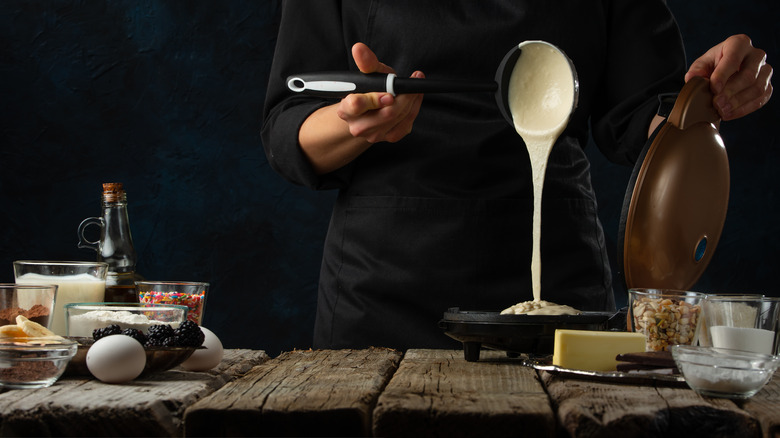 Ladling batter into waffle maker