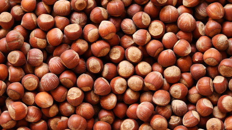 Close-up of a pile of whole hazelnuts