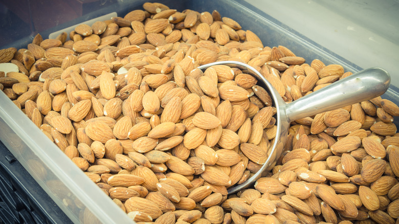 Almonds with metal scoop in plastic bin