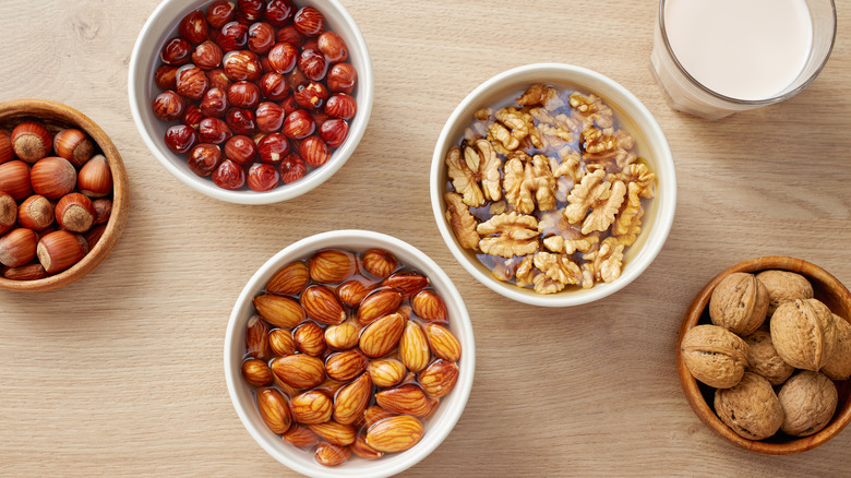 Walnuts, hazelnuts, and almonds soaking in water