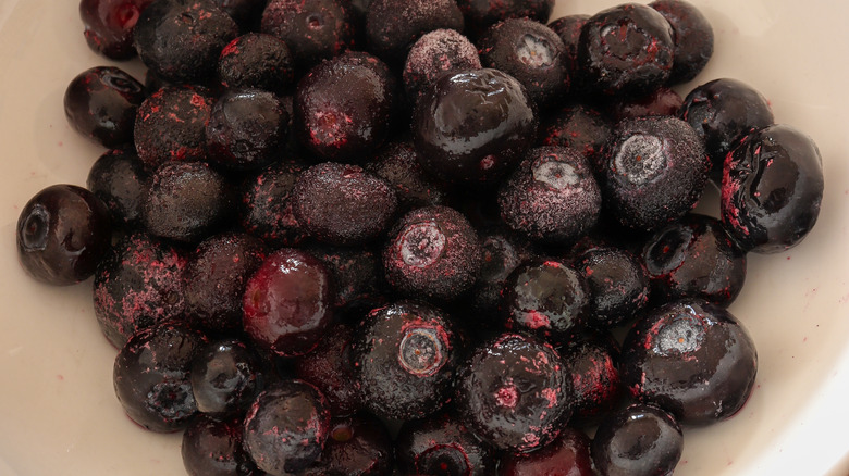 Bowl of thawing blueberries