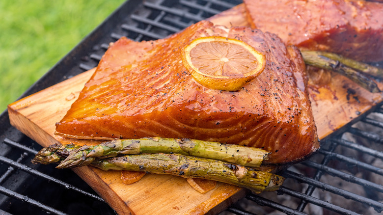 salmon on a plank