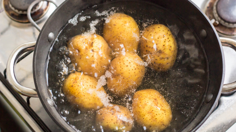 Potatoes boiling in saucepan