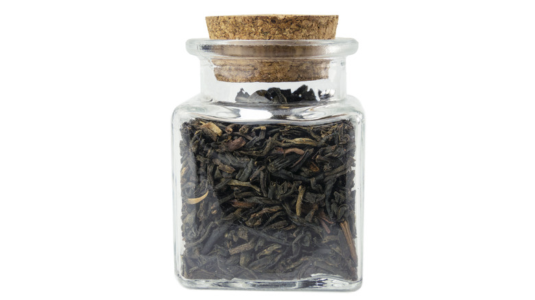 tea leaves in glass jar