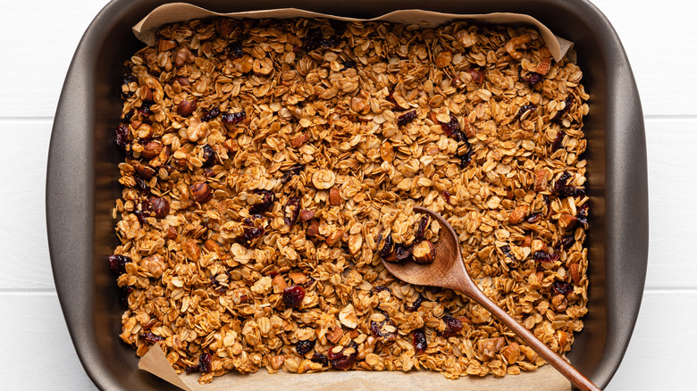 Fresh homemade granola in pan