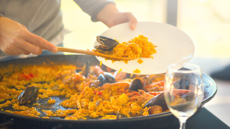 Serving paella on a plate