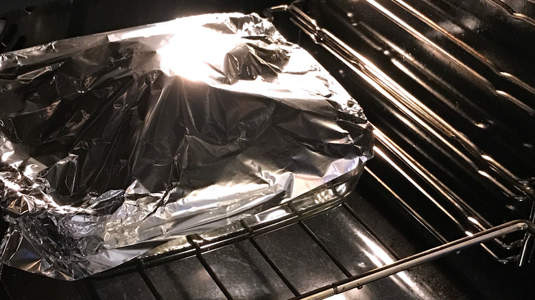 stuffing covered in foil in oven