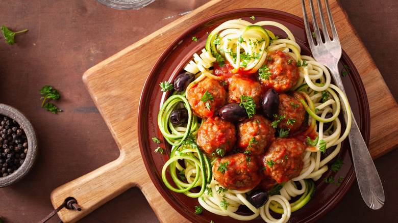 Spaghetti and zoodles with meatballs