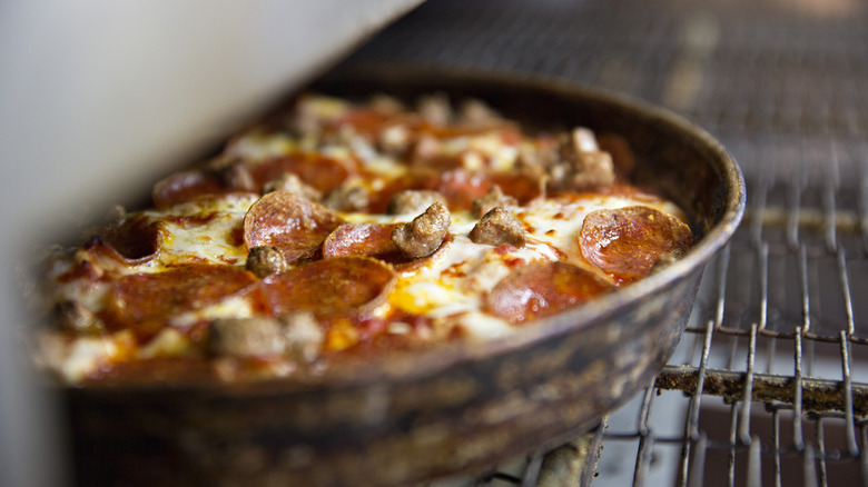 pizza in an industrial oven