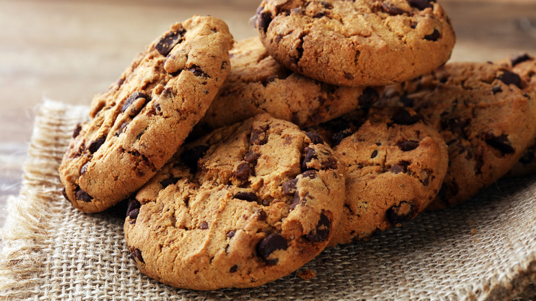 Chocolate chip cookies on wooden table