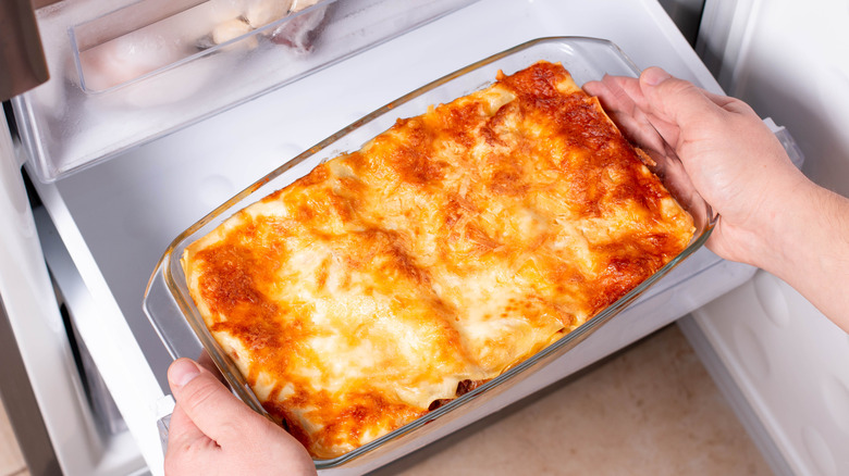 person setting lasagna in freezer