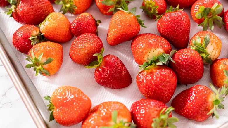 strawberries on baking sheet