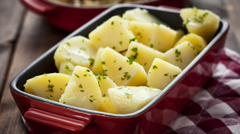 tray of boiled potatoes