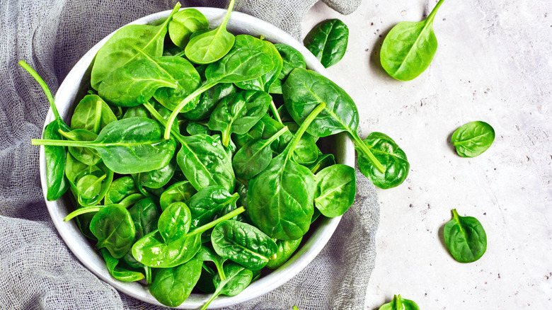 fresh spinach in colander 