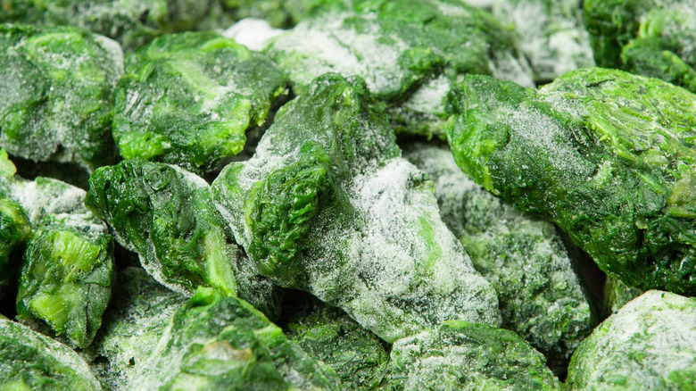 close up of frozen spinach leaves