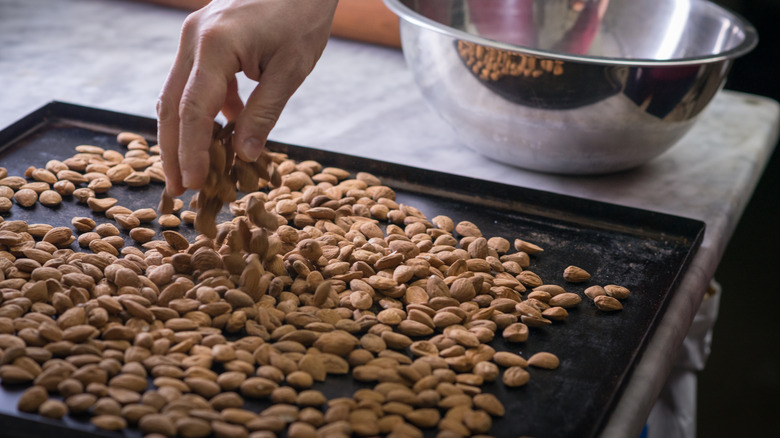 almonds on baking tray