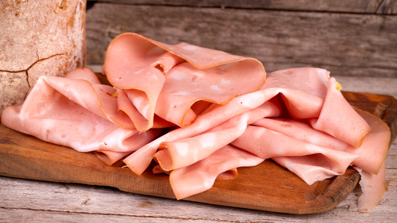 Mortadella meat in slices