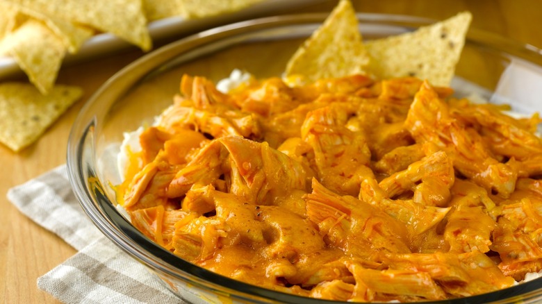 Close-up of Buffalo chicken dip