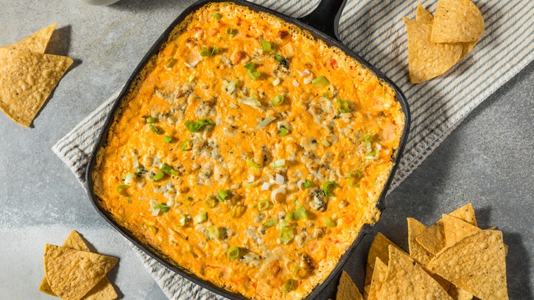 Skillet filled with Buffalo chicken dip